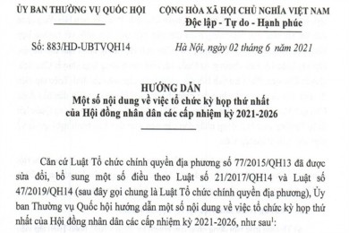 Hướng dẫn số 883/HD-UBTVQH14 của Uỷ ban Thường vụ Quốc hội về một số nội dung về việc tổ chức kỳ họp thứ nhất của Hội đồng nhân dân các cấp nhiệm kỳ 2021-2026