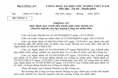 Dự thảo Thông tư quy định quy trình tiến hành một cuộc thanh tra chuyên ngành của lực lượng Công an nhân dân