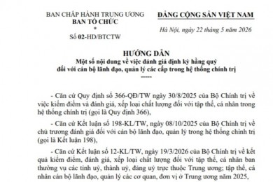 Hướng dẫn số 02-HD/BTCTW ngày 22/5/2026 của Ban Tổ chức Trung ương về một số nội dung về việc đánh giá định kỳ hằng quý đối với cán bộ lãnh đạo, quản lý các cấp trong hệ thống chính trị