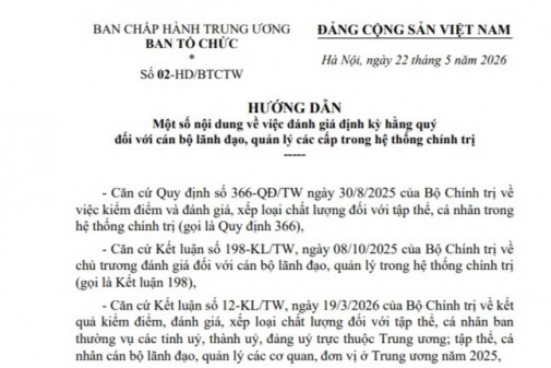 Hướng dẫn số 02-HD/BTCTW ngày 22/5/2026 của Ban Tổ chức Trung ương về một số nội dung về việc đánh giá định kỳ hằng quý đối với cán bộ lãnh đạo, quản lý các cấp trong hệ thống chính trị