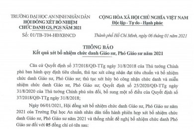 Kết quả xét bổ nhiệm chức danh Giáo sư, Phó Giáo sư năm 2021
