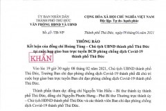 Thông báo Kết luận của đồng chí Hoàng Tùng - Chủ tịch UBND TP. Thủ Đức tại cuộc họp giao ban trực tuyến BCD phòng chống dịch COVID-19 TP. Thủ Đức