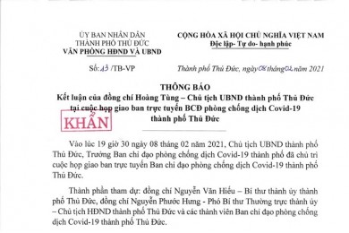 Thông báo Kết luận của đồng chí Hoàng Tùng - Chủ tịch UBND TP. Thủ Đức tại cuộc họp giao ban trực tuyến BCD phòng chống dịch COVID-19 TP. Thủ Đức
