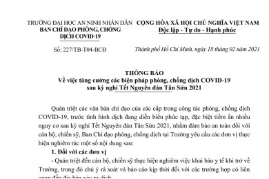 Thông báo về việc tăng cường các biện pháp phòng, chống dịch COVID-19 sau kỳ nghỉ Tết Nguyên đán Tân Sửu 2021