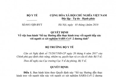 Quyết định về việc ban hành "Sổ tay Hướng dẫn thực hành truy vết người tiếp xúc với người có xét nghiệm SARS-CoV-2 dương tính"