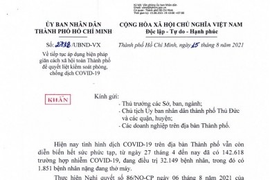 Công văn 2718/UBND-VX ngày 15/8/2021 của Ủy ban Nhân dân Thành phố Hồ Chí Minh 