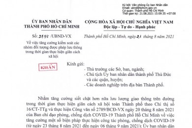 Công văn 2796/UBND-VX ngày 21/8/2021 của Ủy ban Nhân dân Thành phố Hồ Chí Minh 