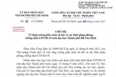 Chỉ thị 11/CT-UBND ngày 22/8/2021 của Ủy ban Nhân dân Thành phố Hồ Chí Minh 
